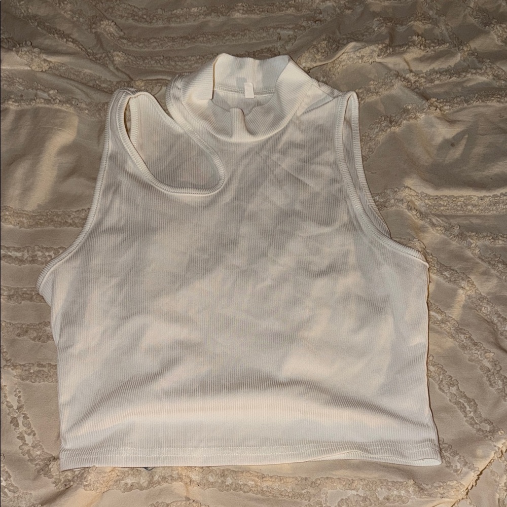 Sleeveless Mock Neck Ribbed Crop Top - White